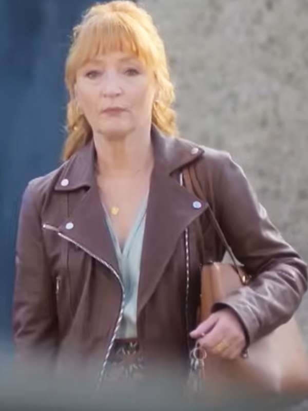 Susan Ryeland Moonflower Murders Brown Leather Jacket